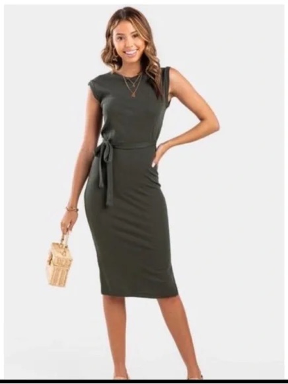 Sleeveless Olive Green Tie-Waist Midi Dress